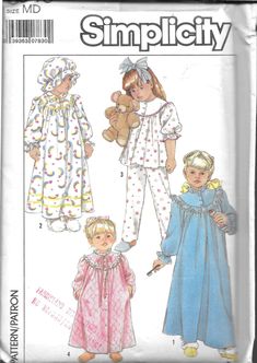 Simplicity 8943; ©1988; Child's Nightgown, Pajamas, Robe and Cap: Nightgown V. 1 and 2, top V.3 and robe V. 4 gathered to yokes have raglan sleeves and front button closing. V. 1, 2, 3 sleeves have elastic casing forming self-ruffles. V. I has self-ruffles and lace edging. V. 2 has collar, bias tape trim, ribbon bow and matching hat. V. 3 has rick-rack trim. Pants V. 3 have elastic waistline casing. V.4 has side seam pockets, lace ruffles and ribbon bow.  Pattern is in factory folds and includes instructions. Questions welcome! Thank you. Vintage Sewing Patterns Children, Vintage Nightwear, Toddler Nightgown, Pattern Pajamas, 80s Clothes, Nightgown Pattern, Vintage Pajamas, Girls Nightgown, Hat Patterns To Sew