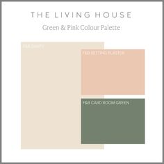 Farrow and Ball Dimity colour palette with Setting Plaster and Card Room Green. These colours all pair beautifully together to create a well designed room. interior colour palette inspiration | interior design colour schemes #thelivinghouse Farrow And Ball Bedroom Setting Plaster, Green And Pink Lounge Ideas, Setting Plaster And Green Kitchen, Setting Plaster Color Palette, Setting Plaster Farrow And Ball Dining Room, Pink And Green Interiors Colour Palettes, Farrow And Ball House Colour Schemes, Setting Plaster Kitchen Walls, Farrow And Ball Pink Living Room