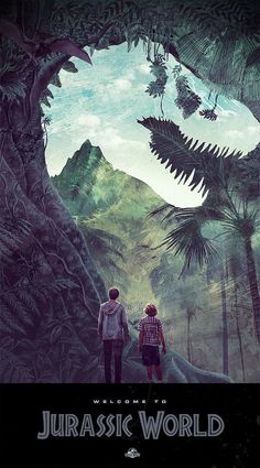 the movie poster for jurassic world with two people standing in front of an enormous tree