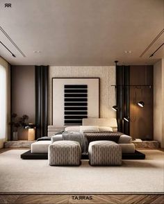 a modern living room with black and white decor on the walls, carpeted flooring and large windows