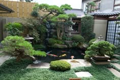 a japanese garden with koi fish swimming in the pond