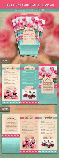 a menu with cupcakes on it and pink roses in the background - food menus