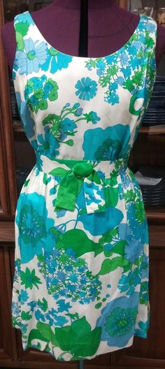 Blue and Green Floral Dress by Peck and Peck Women's Party Wiggle Retro Vintage 1950's Fifth Avenue New York, Fancy Ribbon, 1950's Dress, Floral Sleeveless Dress, Made Dress, Green Floral Dress, 1950s Dress, Sleeveless Floral Dress, Floral Sleeveless