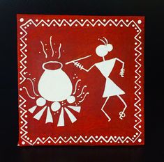 a red and white painting on a black surface with two people dancing around it,