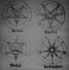 four different types of pentagrams with the names and symbols on them, all in black and white