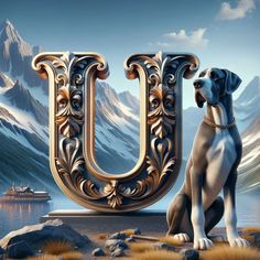 a dog sitting next to the letter u in front of mountains and a boat on the water