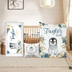 a baby crib bedding set with flowers and animals