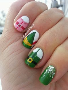 Elf Movie Nail Art- Gawkish Polish. Christmas nails Christmas Nails Buddy The Elf, Elf Nails Acrylic, Elf Movie Nails Designs, Buddy The Elf Nails Designs, Christmas Story Nails