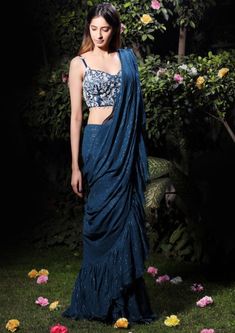 Mahima Mahajan - Blue Ruffle Saree - INDIASPOPUP.COM Blue Saree With Silver Blouse, Strap Blouses For Saree, Lycra Dress Styles For Wedding, Corset Blouse Saree, Blue Ruffle Saree, Pink Saree Silk, Lycra Saree, Mahima Mahajan, Embellished Corset