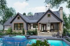 this is an artist's rendering of a house with a pool in the front yard