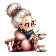 an old lady is drinking coffee while sitting at a table with a cup and saucer