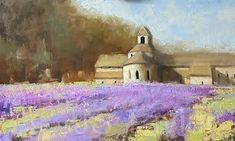 a painting of a lavender field with a church in the background