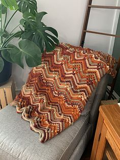 a couch with a blanket on top of it next to a potted plant and chair