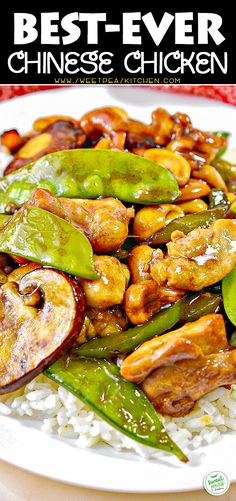 the best ever chinese chicken is served over rice with green beans and peppers on top