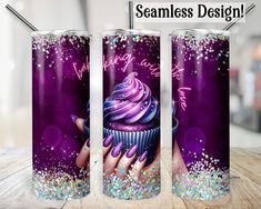 three tumbles with purple frosting and sprinkles on them, one is holding a cupcake