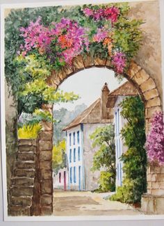 a watercolor painting of an archway with flowers growing on the wall and door to another building