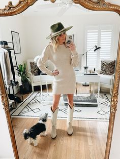 Cowboy Boots Fall Outfit, Cream Cowboy Boots, Cowboy Boots Outfit Fall, Cream Sweater Dress, Dresses With Cowboy Boots, Fall Boots Outfit, Fall Outfit Inspiration