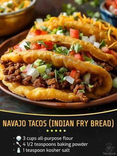 🌮🍞 Navajo Tacos (Indian Fry Bread) 🍞🌮 Detailed Recipe & Step By Step Instruction Here 👇 📋 Ingredients: For the Fry Bread: 🍚 3 cups all-purpose flour 🥄 4 1/2 teaspoons baking powder 🧂 1 teaspoon kosher salt 🧈 2 tablespoons softened butter or ghee 🥛 1 ¼ cup whole milk 🛢️ 3 cups vegetable oil for frying Savory Toppings: 🥩 1 lb ground beef 80/20 🌶️ 2 tbsp Steak fajita seasoning or Homemade Taco Seasoning 🖤 15 oz black beans, drained 🥬 2 cups iceberg lettuce, shredded 🍅 3 plum tomato Steak Fajita Seasoning, Fry Bread Tacos, Homemade Tamales Recipe, Indian Fry Bread, Navajo Tacos, Indian Tacos, Homemade Tamales, Tamales Recipe, Recipe Step By Step