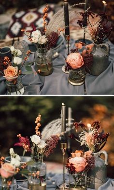 there are two pictures of flowers in vases and one is on the table with candles