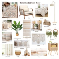 a collage of furniture and decor in neutral colors with text overlay that reads bohemian bedroom decor