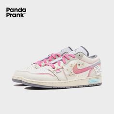 The overall color scheme is dominated by soft white and pink hues, creating a fresh and sweet ambiance that evokes the bloom of spring flowers and warm sunlight. The upper features a unique gradient design, adding depth and dimension to the shoe. Pink Sneakers With Contrast Sole For Spring, Spring Pink Sneakers With Contrast Sole, White Sneakers With Speckled Midsole For Spring, Pink Jordans, Painted Canvas Shoes, Painted Sneakers, Pretty Shoes Sneakers, Cute Nike Shoes, Gradient Design