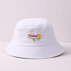 Birth Floral Embroidery Bucket Hats, Personalized Name Fisherman Hat, Colorful Birth Flower Cap, Birthday Gift, Customized Gift for Her The Birth Floral Embroidered Bucket Hat is a personalized and stylish accessory that showcases your birth flower in a vibrant and colorful way. Made with high-quality materials, this fisherman hat is an ideal birthday gift or customized present for her. Highlights: - Personalized Design: This bucket hat features beautiful embroidery of your birth floral pattern, Curved Brim Hats With Letter Embroidery For Summer, White Embroidered Hat For Gift, White Adjustable Hat With Letter Embroidery, Adjustable White Hat With Letter Embroidery, White Embroidered Flat Brim Hat, Casual White Hat For Birthday, White Bucket Hat As Gift, Custom Bucket Hats, Floral Bucket Hat