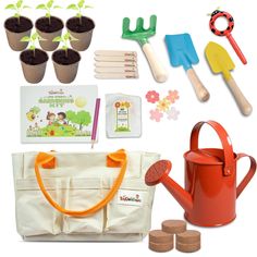 an assortment of gardening supplies including watering tools, seedlings, and flowers in pots