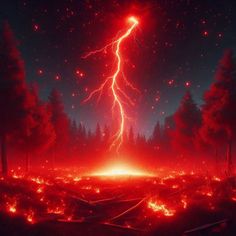 a bright red and black sky with lightning in the distance, surrounded by forest fire