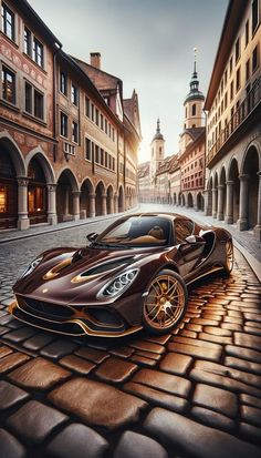 a brown sports car is parked on the cobblestone road in an old european city