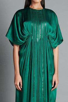 Shop for Amit Aggarwal Green Crinkled Chiffon Handwoven Kaftan Dress for Women Online at Aza Fashions Eid Evening Dresses With Draped Sleeves, Festive Maxi Dress With Draped Sleeves, Festive Floor-length Kaftan With Draped Sleeves, Green Dresses With Traditional Drape And Sequins, Green Dresses With Sequins In Traditional Drape, Festive Green Draped Dresses, Festive Green Silk Maxi Dress, Dress With Draped Sleeves For Party And Eid, Eid Party Dresses With Draped Sleeves