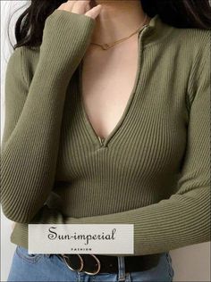 Sun-imperial Deep V Neck Center Zipper Women Long Sleeve Sweater Slim Cut Knit Fall Fitted V-neck Sweater, Slim Fitting Sweaters, Affordable V-neck Knit Top For Fall, Cheap Fitted Sweater For Daywear, Cheap V-neck Sweater With Buttons For Winter, Cheap Winter Tops With Zipper Closure, Cheap Casual Knit V-neck Sweater, Cheap Knit V-neck Outerwear, Cheap Ribbed Long Sleeve Sweater