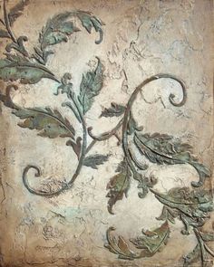 a painting with green leaves and vines on it