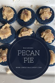 macaroni and cheese stuffed pecan pies on a white platter with text overlay