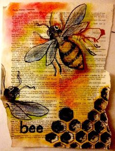 a bee and honeycomb on top of an old book page with the words, bees