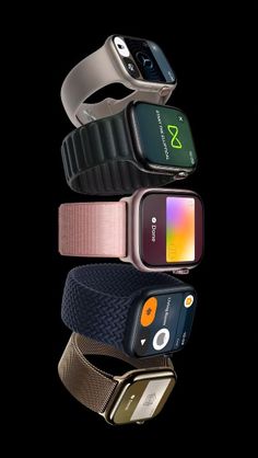 several smart watches stacked on top of each other in different colors and sizes, all displaying their time zones