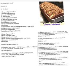 the recipe for an apple crumb cake is shown in this page, with information about it