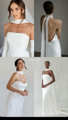 the back of a woman's wedding dress, with different angles and necklines