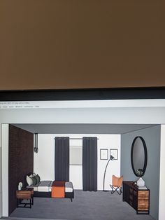 a computer screen showing a room with furniture and mirrors on the wall, in front of a flat screen tv