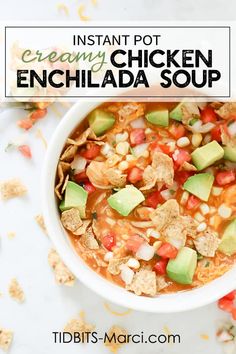 instant pot creamy chicken enchilada soup with tortilla chips and avocado