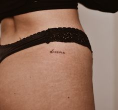 Minimalist Knee Tattoos Women, Hip Cursive Tattoo, Dainty Hip Tattoos Women Words, Mini Hip Tattoos Women, Hip Word Tattoos Women, Script Hip Tattoo, Line Art Tattoo Woman, Minimalist Tattoo Women Hip, Back Hip Tattoos Women