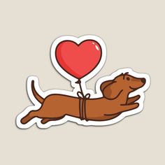 a sticker with a dog holding a heart balloon in it's mouth, on top of a beige background