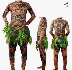 three men in bodysuits with tattoos and plants on them