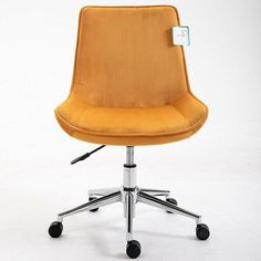 an orange office chair with wheels and a tag on it's back end that is attached to the seat