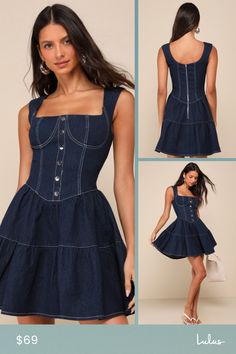 A summer of iconic 'fits calls for the Trending Darling Dark Wash Denim Tiered Bustier Mini Dress! Slightly stretchy woven denim shapes this darling dress that has wide straps and a square neckline. Fitted, bustier-style bodice has seamed cups and decorative metal buttons at front. Basque waist tops a tiered skirt that finishes at a mini hem. White contrast stitching throughout lends a vintage-inspired flair. Exposed silver zipper at back. Fit: This garment fits true to size. Length: Mid-thigh. Fitted Denim Mini Dress For Summer, Fitted Denim Dress For Summer, Denim Square Neck Mini Dress For Summer, Summer Denim Mini Dress With Square Neck, Dark Wash Fitted Sleeveless Mini Dress, Fitted Cotton Denim Dress For Summer, Trendy Dark Wash Mini Dress For Summer, Fitted Denim Blue Sleeveless Dress, Dark Wash Mini Denim Dress For Summer