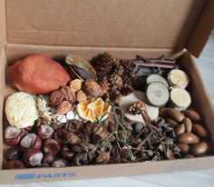 an open cardboard box filled with different types of nuts and other things to make it look like