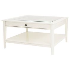 a white coffee table with glass top and drawer on the bottom, against a white background