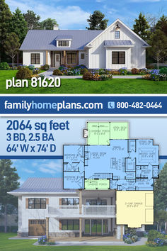 Country / Farmhouse Style House Plan 81620 with 2064 Square Feet, 3 Bedrooms, 3 Bathrooms and a 2 Car Garage. Bedrooms are arranged in a split floor plan with the two children’s bedrooms on the left side of the home. The kids share a full bathroom off the hallway. The outdoor living space is enhanced by the outdoor fireplace. 1600 Sq Ft House Plans With Walkout Basement, House Plans With Basement Garage, 2 Bedroom With Basement Floor Plans, Basement Walkout Ideas, House With Basement Floor Plans, Walk Out Basement House Plans, House With Walkout Basement, Finished Basement Floor Plans, Ranch With Walkout Basement