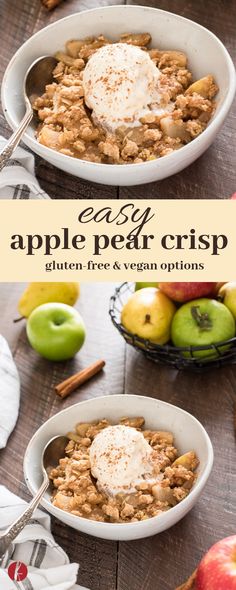 two bowls filled with apple pear crisp on top of a wooden table