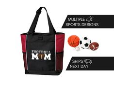 a bag with two balls and a stuffed animal in front of it that says football mom, ships 3 / 8 next day