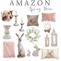 an assortment of home decor items with the words amazon spring home written in white and pink